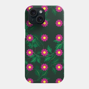 Cerise daisies with Yellow centres over layers of vine leaves on a Dark Green background Phone Case