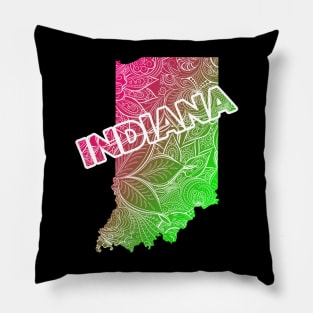 Colorful mandala art map of Indiana with text in pink and green Pillow