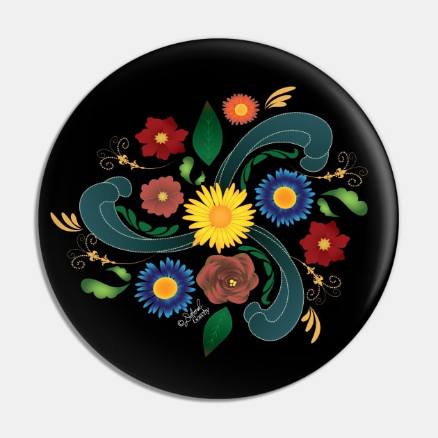 Folk-Art Flowers Circular Design Pin by Deborah Goschy