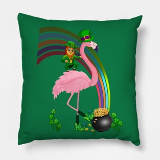 Funny St. Paddy's Flamingo with Leprechaun St. Patrick's Day Pillow