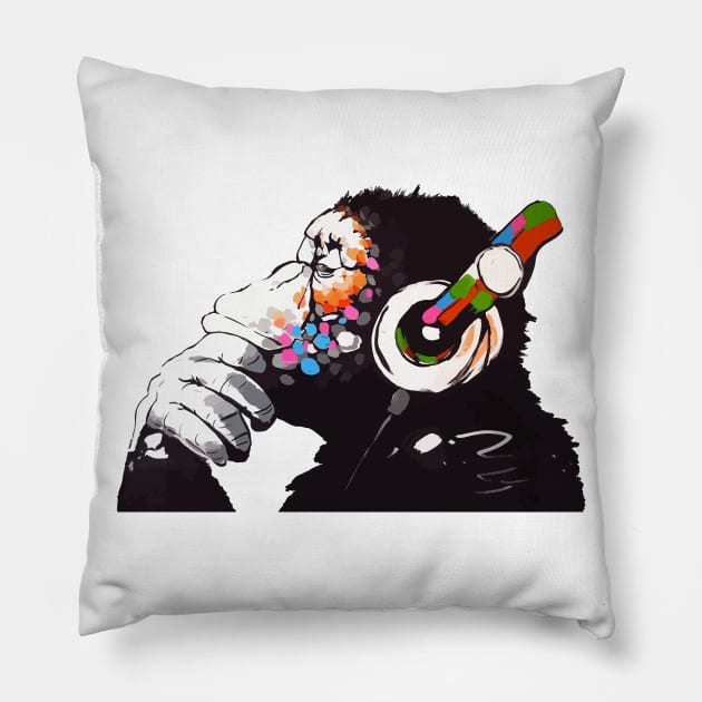 BANKSY DJ Monkey Thinker Pillow by inkstyl