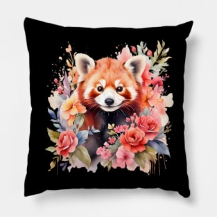 A red panda decorated with beautiful watercolor flowers Pillow