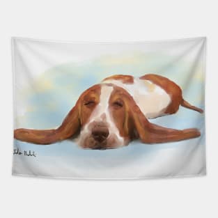 Cute Brown and White Basset Hound Sleeping on the Floor Tapestry