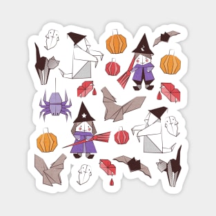 Halloween origami tricks // white and coloured paper and cardboard geometric witches cats ghosts spiders wolfs bats Dracula lips and pumpkins Magnet