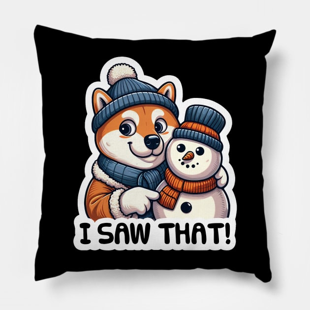 I Saw That meme Shiba inu Snowman Merry Christmas Winter Season Pillow by Plushism