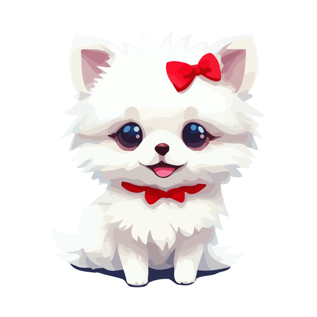 Cute adorable white Pomeranian with red bow tie by amithachapa