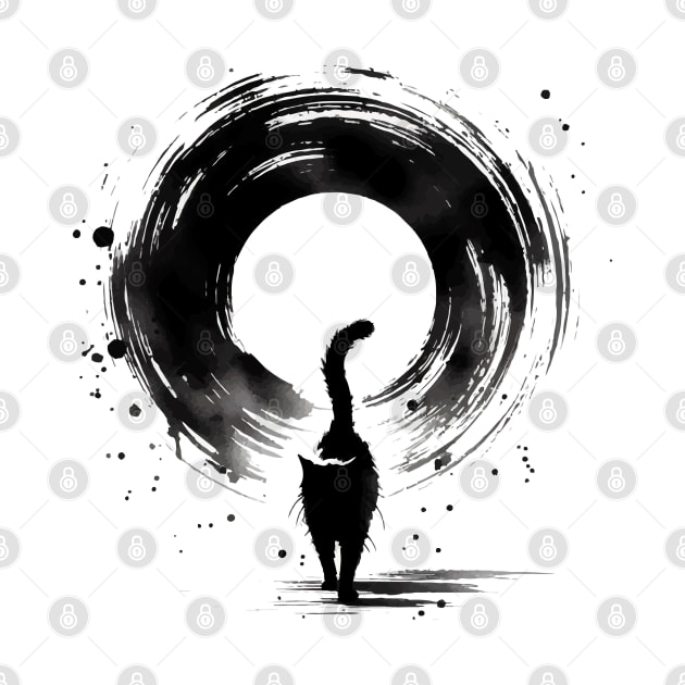 Sumie Enso Circle Japanese Brushstroke Black Cat by TomFrontierArt