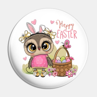 Easter print. Cute fashionable owl next to a basket of eggs. Pin