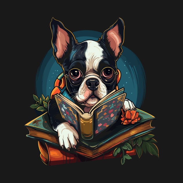 Boston Terrier Reads Book by JH Mart