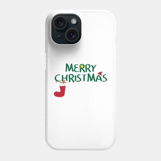 Merry Christmas logo with santa hat, Yellow star, red sock, gingerbread man cookie and Red and white striped candy Phone Case by sigdesign