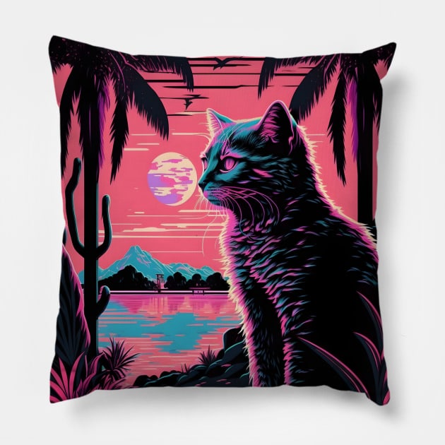 Cat and Nature Retrowave Synthwave Pillow by Art-Jiyuu