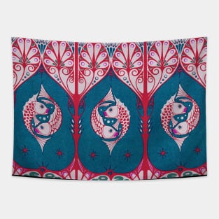 FISHES UNDERWATER WITH SEA PLANTS Blue Red White Art Nouveau Nautical Decor Tapestry