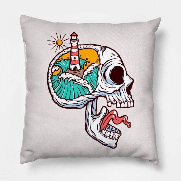 lighthouse and ocean in skull mind Pillow by sharukhdesign