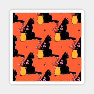 Playful Black Cat Pattern in orange Magnet