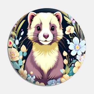 Cute Ferret with Floral Elements in Watercolor art Pin