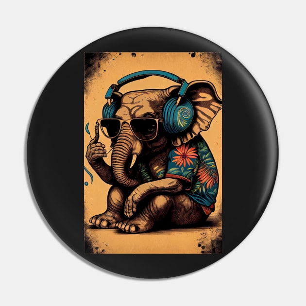 Psychedelic Elephant with Sunglasses and Headphones, wearing a Hawaiian shirt Pin by dholzric