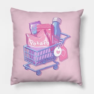 The cute shopping cart and some snacks (pastel yellow background) Pillow