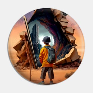 Wonderment a Time Travel Odyssey: A Journey to a Dystopian Future on a Dark Background Pin