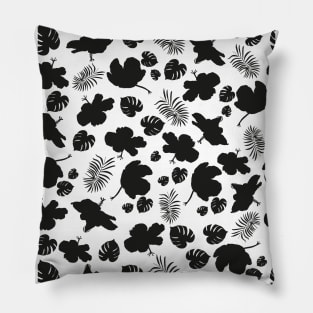 Hand drawn hibiscus, tropical leaves black and white pattern Pillow