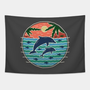 Dolphins - Rustic Sunset Paradise Scene Tapestry