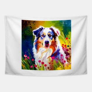 Australian Shepherd in a Field of Flowers Tapestry