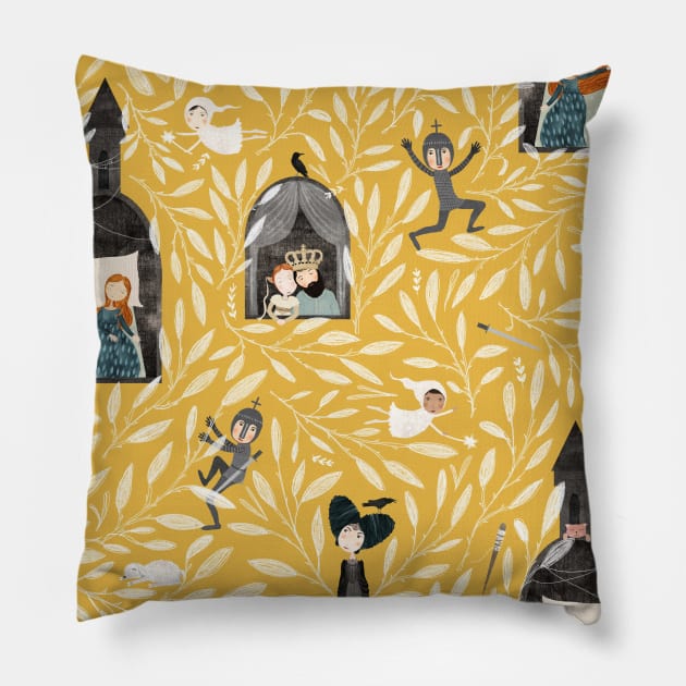 Sleeping Beauty Mustard Pillow by katherinequinnillustration