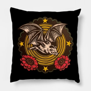 Hand Painted Bat flying above red flowers Pillow