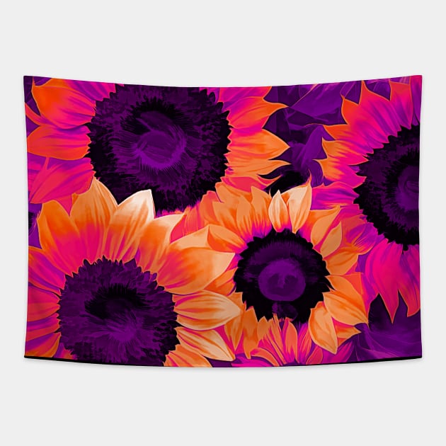 Psychedelic Sunflowers Blooming In Vibrant Colors Tapestry by LittleBean