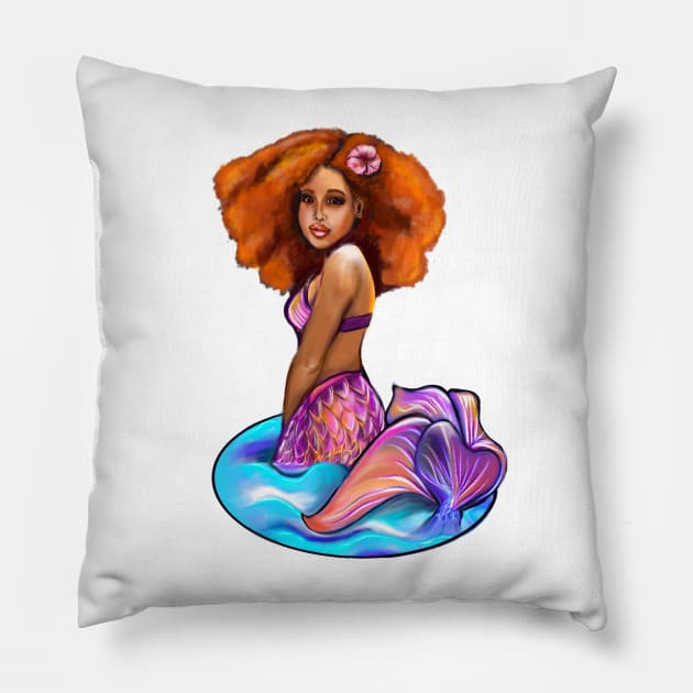 Amber the black mermaid princess rainbow coloured colored fins, afro hair brown skin African American mermaids Pillow by Artonmytee