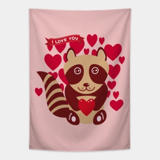 Cute raccoon with red heart Tapestry
