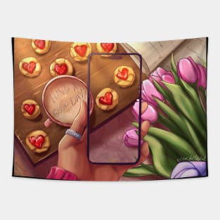 Have a good day. Illustration with tulips and cookies with hearts. Tapestry