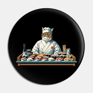 Vintage Japanese Art Sushi Lover Foodie Chef Cat Pin