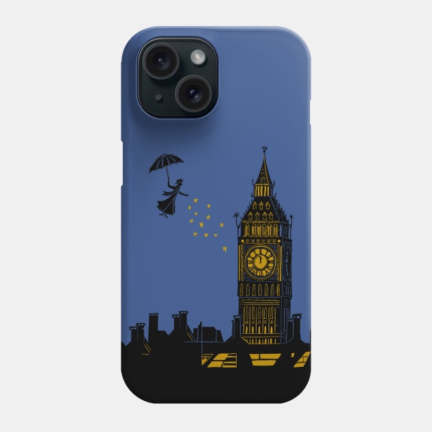 Mary Poppins and Big Ben Linocut Silhouette Print in black, blue and gold Phone Case by Maddybennettart