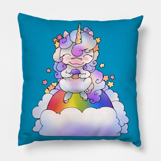 Kawaii Unicorn Cupcake Cloud (and Rainbow!) Pillow by LyddieDoodles