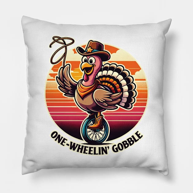 One-Wheelin' Gobble - Fun Turkey Adventure Pillow by Kicosh