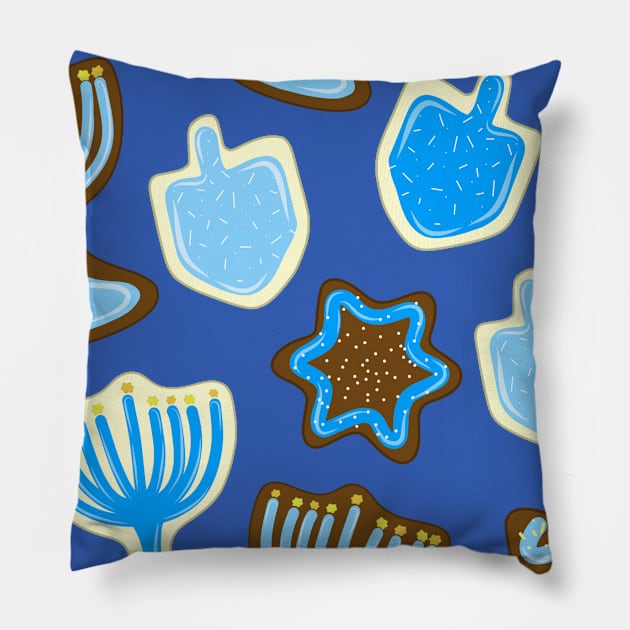 Blue Frosted Hanukkah Dreidel, Stars, Menorah Cookies, made by EndlessEmporium Pillow by EndlessEmporium