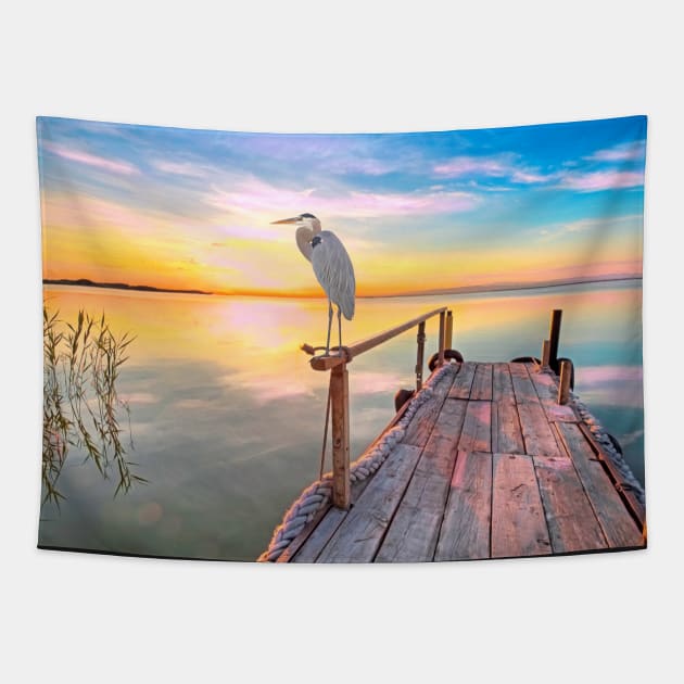 Great Blue Heron at Sunset Tapestry by lauradyoung