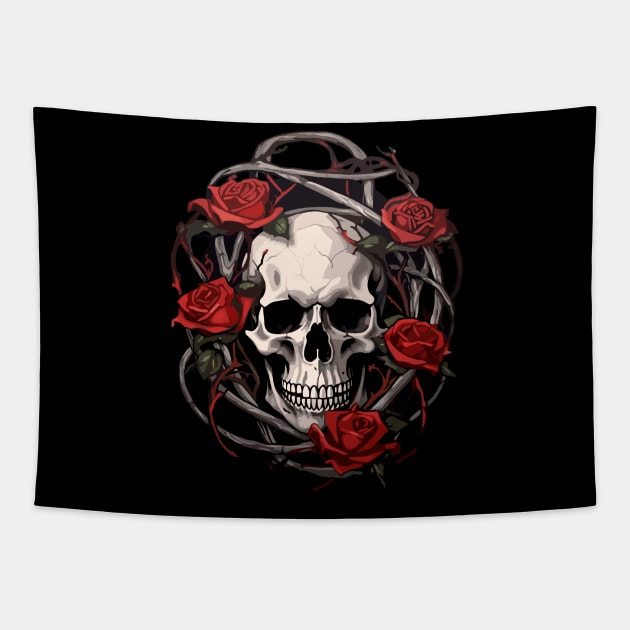 Skull And Roses - Rose with thorns skull design Tapestry by DesginsDone