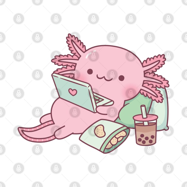 Cute Axolotl Chilling with Laptop And Snacks by rustydoodle