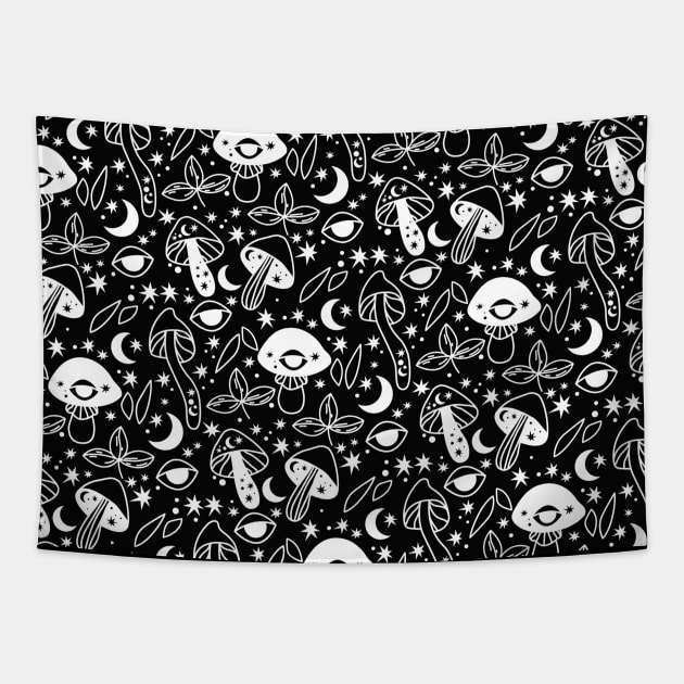 Cottagecore Mushroom Moon Black Pattern Tapestry by Hypnotic Highs