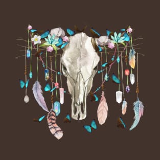 Butterflies Crystals And Flowers On A Cow Skull T-Shirt