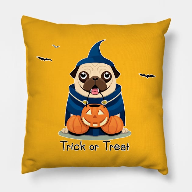 Pug goes trick or treating Pillow by Artful Gifts