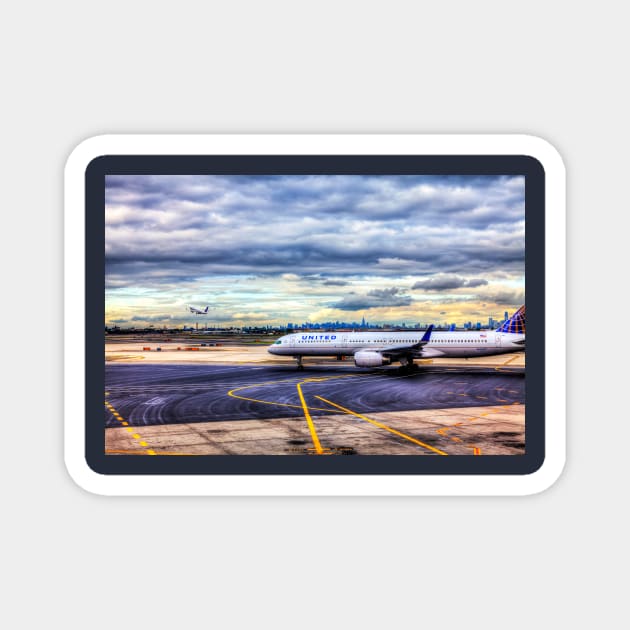 United Airlines And Manhattan Skyline At JFK Airport, New York Magnet by tommysphotos