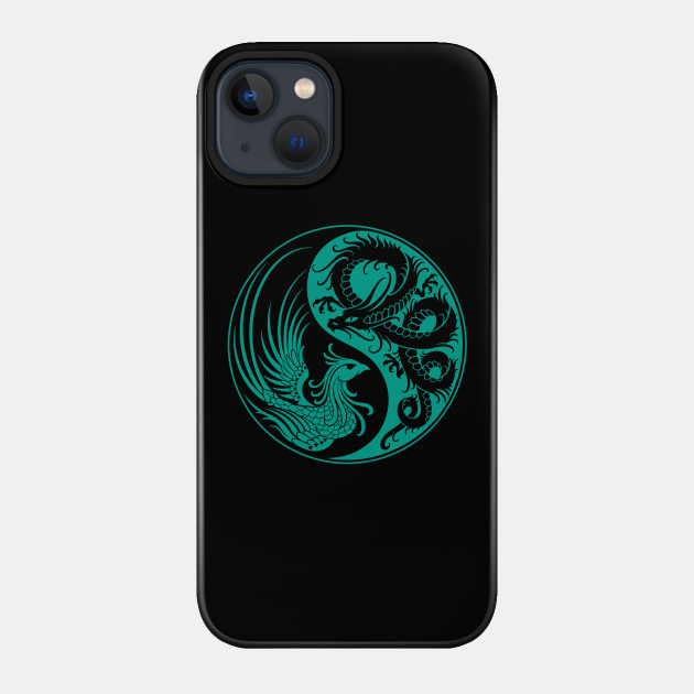 Teal Blue and Black Dragon Phoenix Yin Yang - Yin Yang - Phone Case