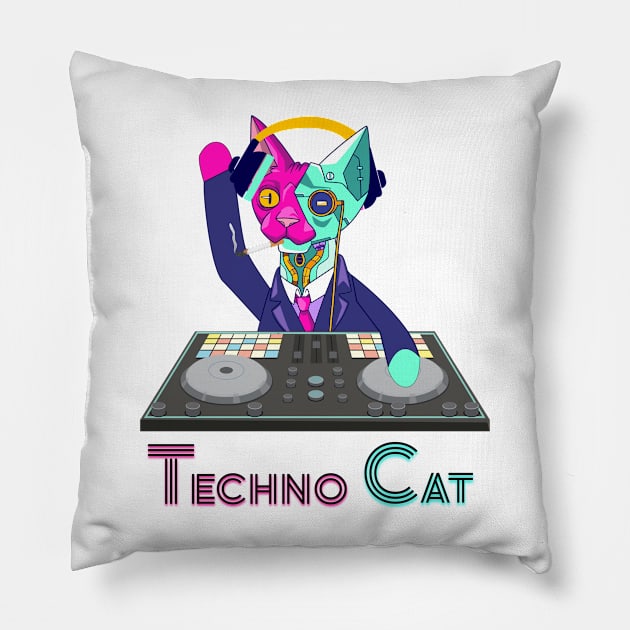 Techno Cat -  Catsondrugs.com - Techno Party Ibiza Rave Dance Underground Festival Spring Break  Berlin Good Vibes Trance Dance technofashion technomusic housemusic Pillow by catsondrugs.com