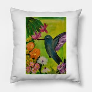 hummingbird feeding on some nectar on a 12x16inc stretch canvas. Pillow