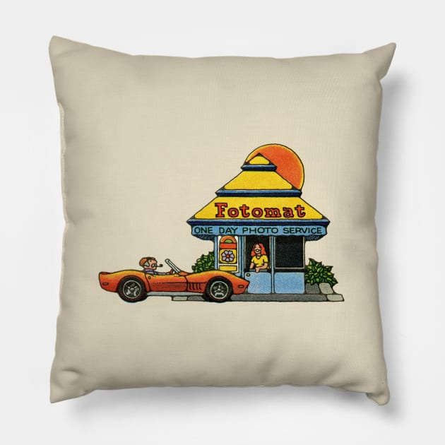 Vintage Fotomat Drive Thru Pillow by offsetvinylfilm