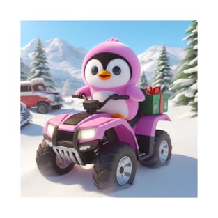 Penguin riding atv through snow T-Shirt