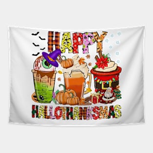 Coffee Halloween Thanksgiving Christmas Happy Hallothanksmas TShirt Tapestry