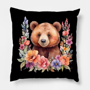 A brown bear decorated with beautiful watercolor flowers Pillow